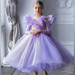 Puffy Glitter Girl Dress Tea Length Princess Flower Girl Dresses